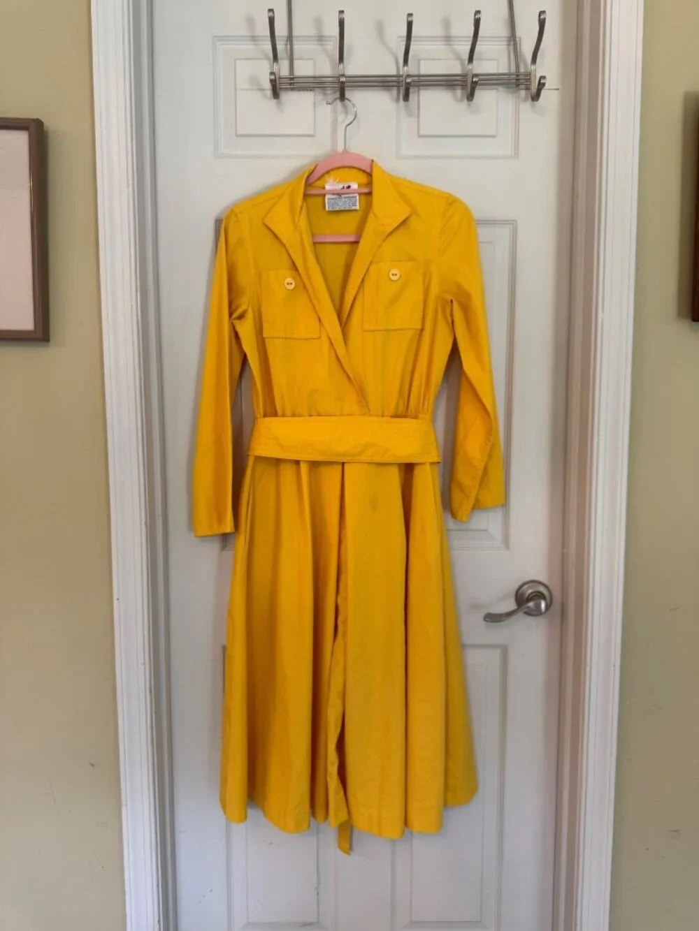 Vintage Caron Retro 70's Yellow Midi Length Long Sleeve Shirt Dress Size Small - Picture 2 of 13